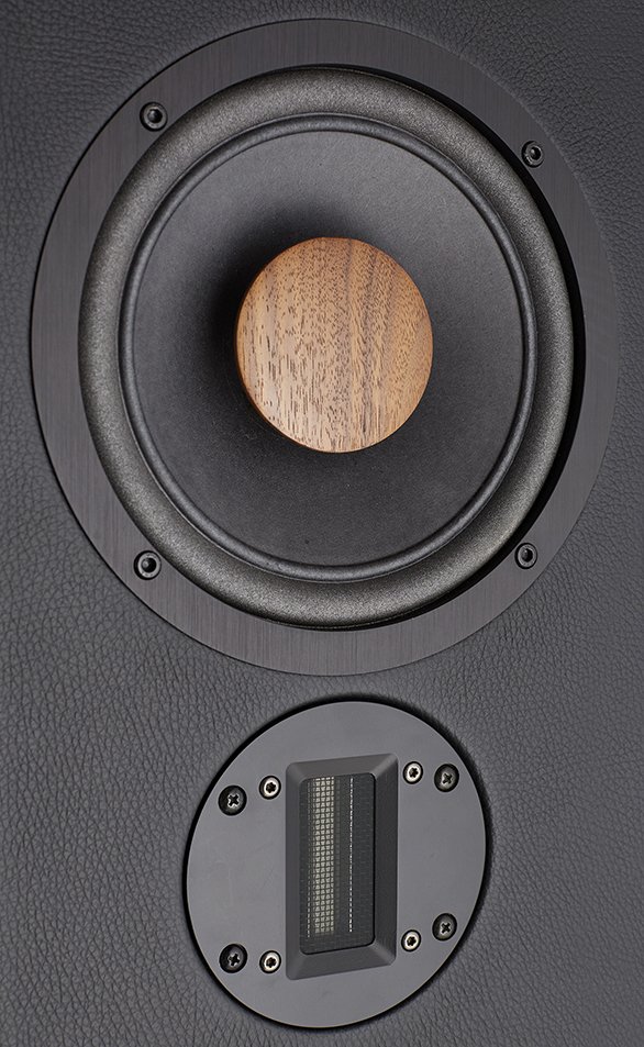 Nahaufnahme eines Lautsprechers mit einem schwarzen Gehäuse, einem schwarzen Lautsprecherkorb, einer Holzmembran und einem Belüftungsöffnungsbereich.