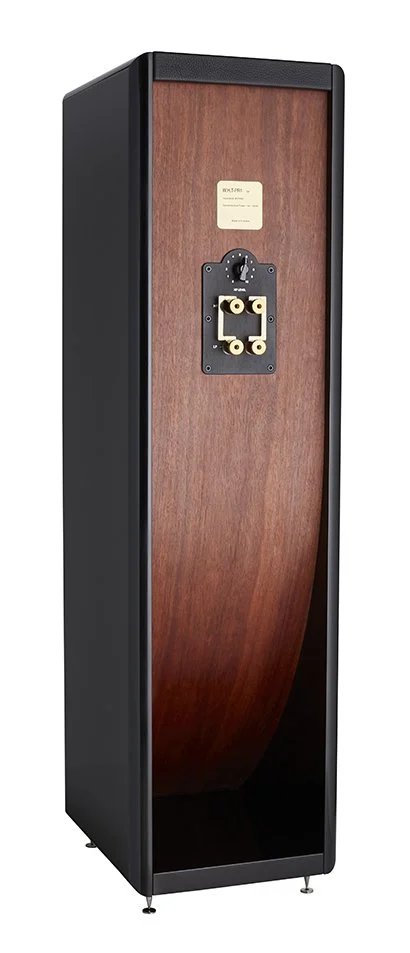 Standlautsprecher mit Holzfurnier, Lautsprecheranschluss und Höhenregler auf der Rückseite.