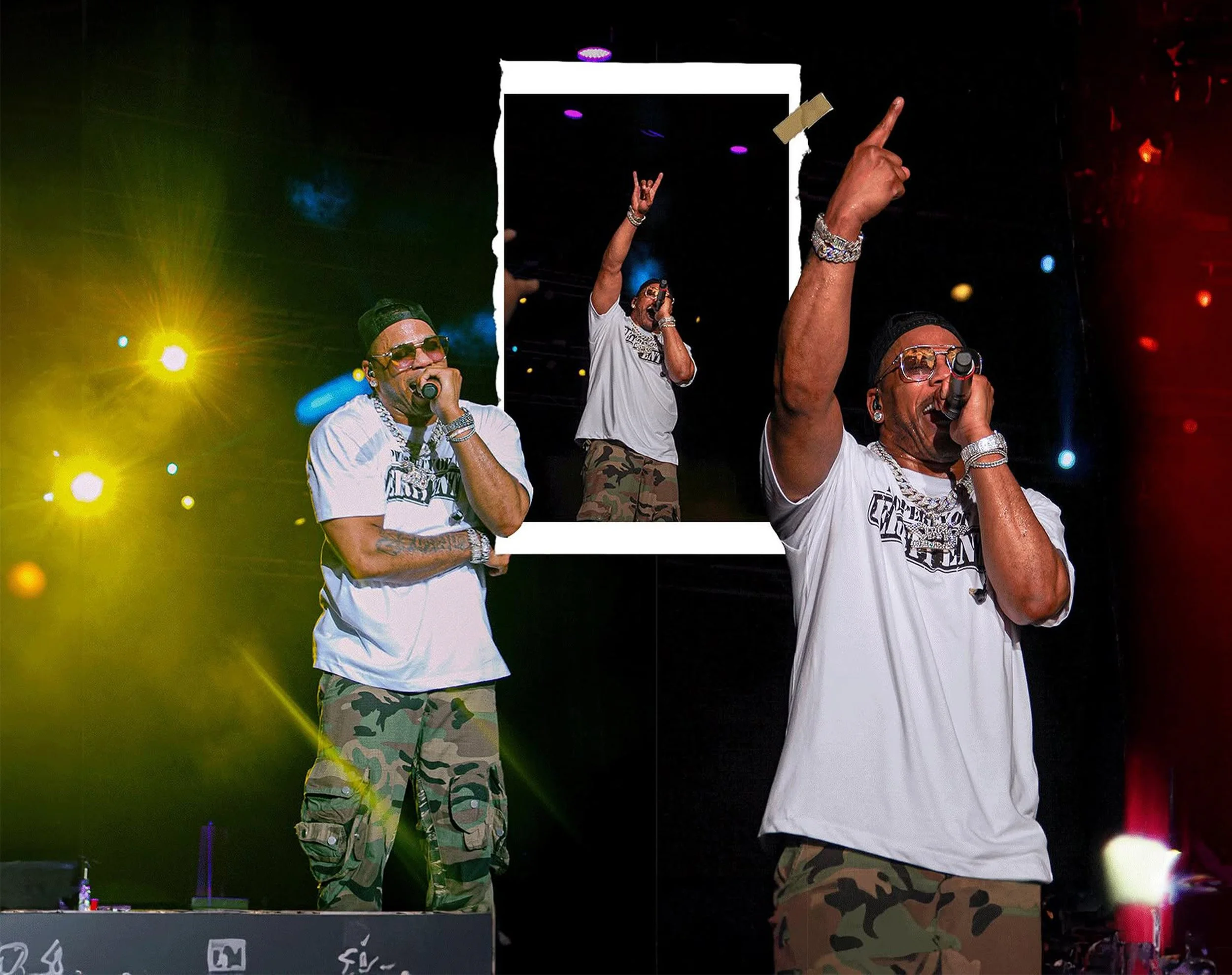 Two men performing on stage with microphones, wearing sunglasses, white t-shirts, and camouflage pants, in front of colorful stage lights. One man is pointing upwards, and the other is holding a microphone while crossing his arms.