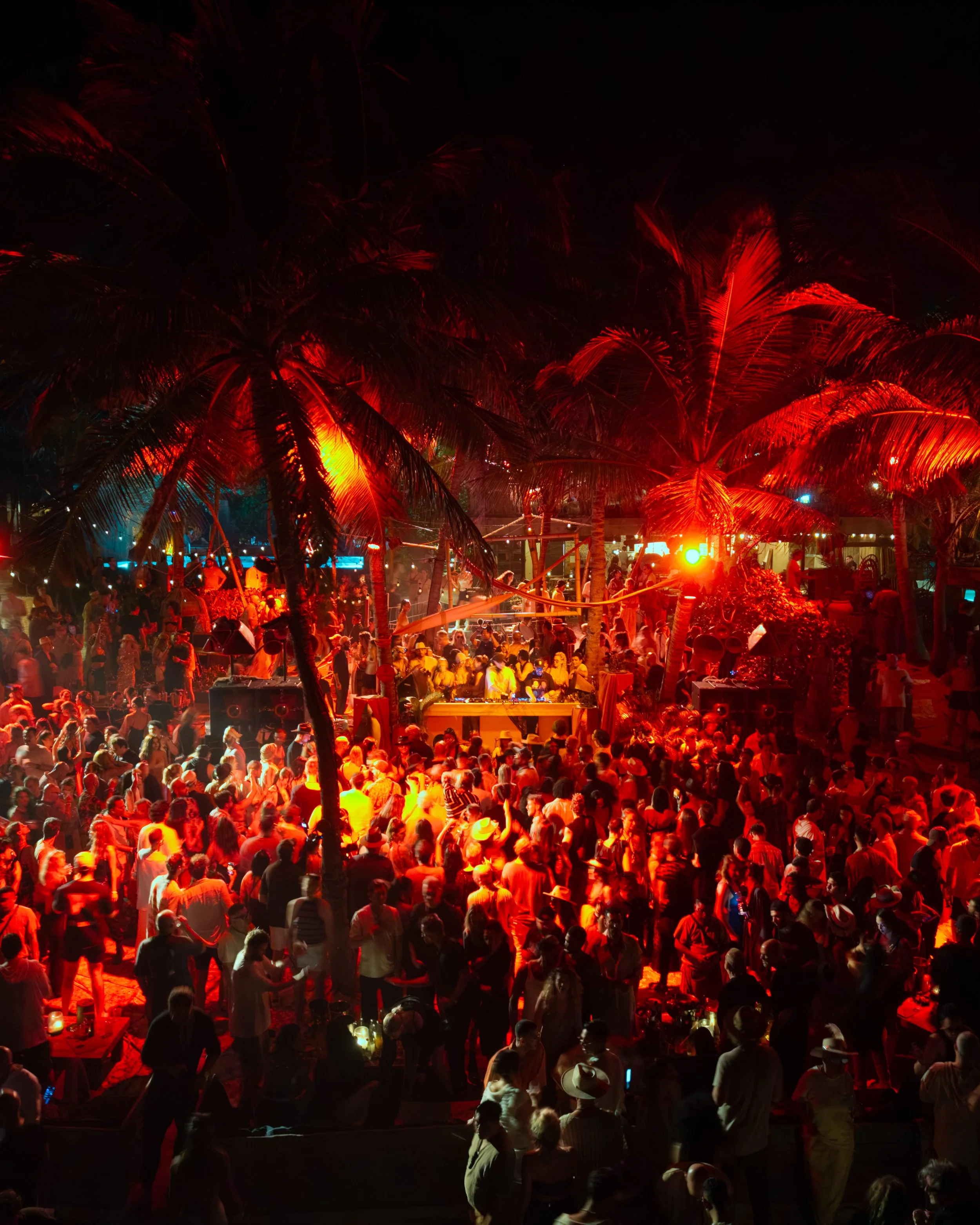 Nighttime outdoor party with a large crowd of people, palm trees, and colorful lighting.
