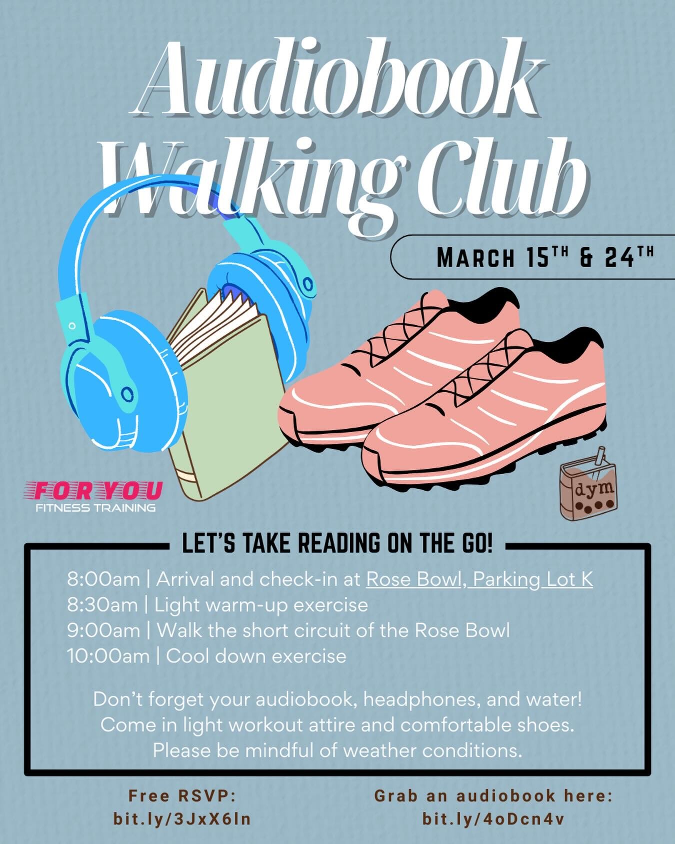 Sooo excited to announce that @foryoufitnesstraining and I are starting an Audiobook Walking Club! Connect with local active✨ readers (active! get it??) as we get some light cardio in at the iconic Rose Bowl Stadium. We will meet at Parking Lot K! 

