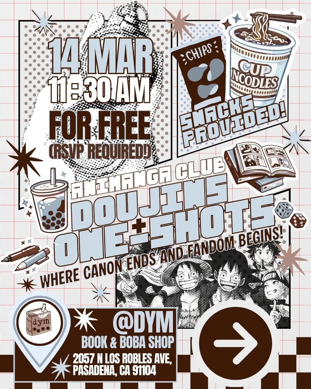 NEW CLUB!!!

We&rsquo;re kicking off the very first meeting of the Doujins + One-Shots Animanga Club here at dym &mdash;a new once-a-month meetup for anime and manga fans in Pasadena.

This club is all about creating a space where local fans can hang
