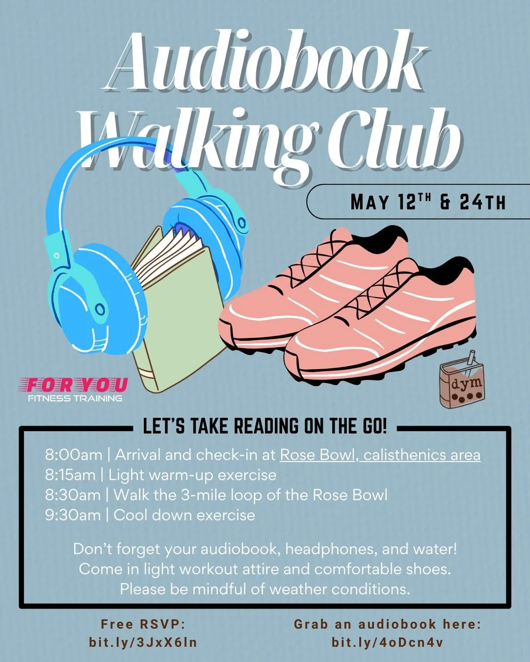 May dates for Audiobook Walking Club! 

We all listen to our own audiobooks as we trek the 3 mile loop around the Rose Bowl. 

Thank you to everyone who&rsquo;s joined (and tried to join 🫣). We heard your feedback and hope this will create a more pl
