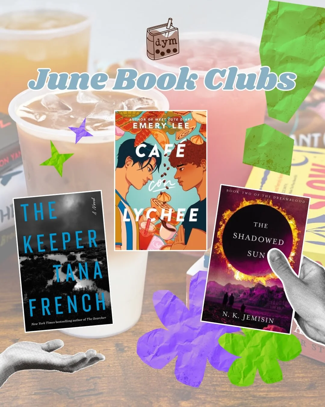 June Book Clubs! 📚🫂

6/20 Sam's 💖 We'll be reading Cafe con Lychee by Emery Lee. A sweet interracial coming-of-age love story between rival bakery/caf&eacute;s. 

6/27 Solo 📖 We'll be spooking things up with a thriller pick this time around with 
