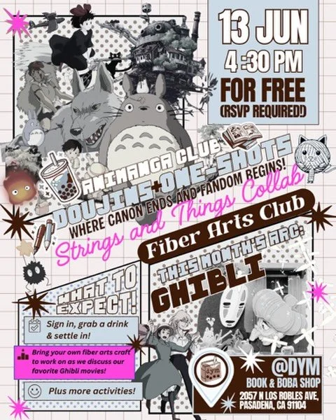 Doujins is back for a collab with @stringsnthings626 ! Join us for a night of lively discussion and whimsical crafting centered around Ghibli films 🌿✨

Bring your own fiber arts craft and/or join for one of our themed ones. Free RSVP is required on 