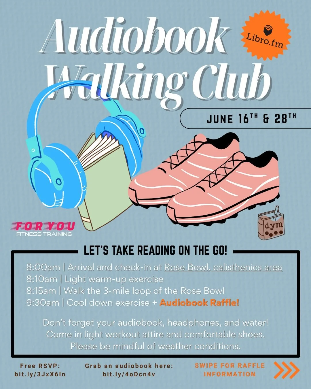 June is Audiobook Month 🎧📚 and we're celebrating by partnering with @librofm to raffle off some FREE AUDIOBOOKS! 🎟️🥳

We're meeting at the iconic Rose Bowl on Tuesday, June 16th and Sunday, June 28th to walk the 3mile loop. For each meeting date 