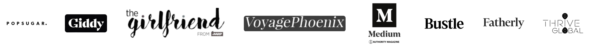 Logos of media outlets where Andrea Hipps has been featured including Popsugar, Giddy, The Girlfriend, Voyage Phoenix, Medium, Bustle, Fatherly, and Thrive Global