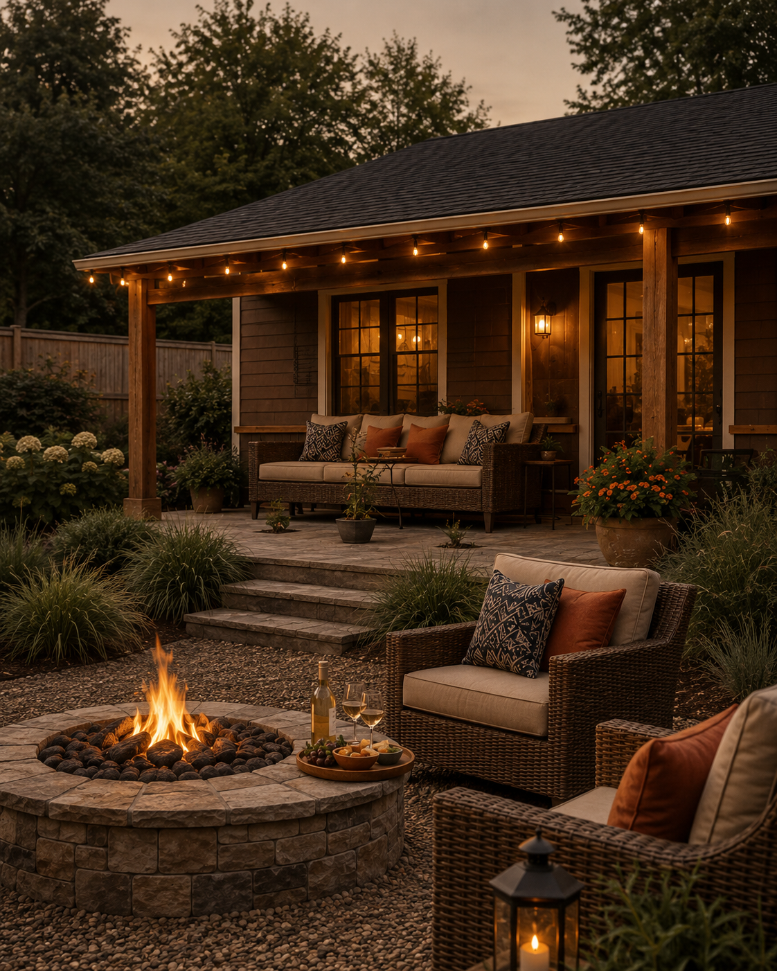 Backyard patio with fire pit, wicker furniture with cushions, string lights, potted plants, and a house with lit windows and exterior lights at dusk.