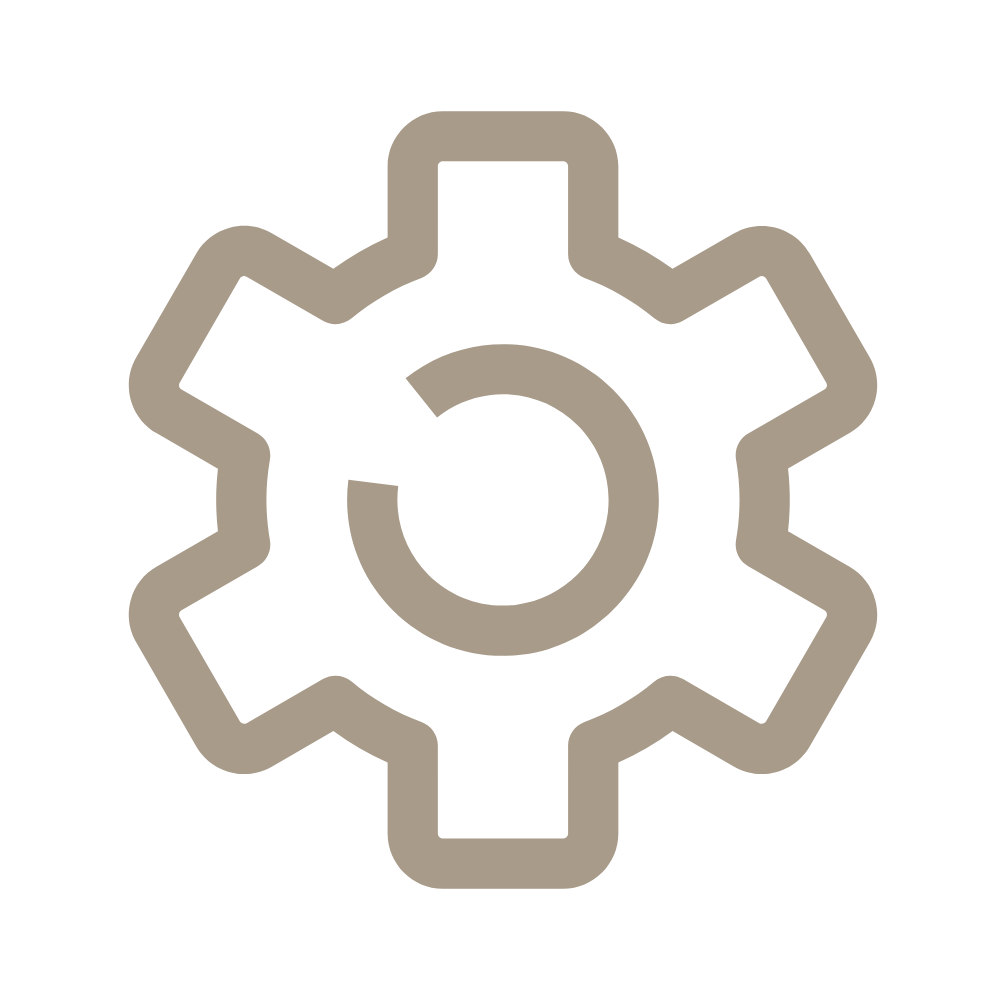 Gray gear icon on black background.