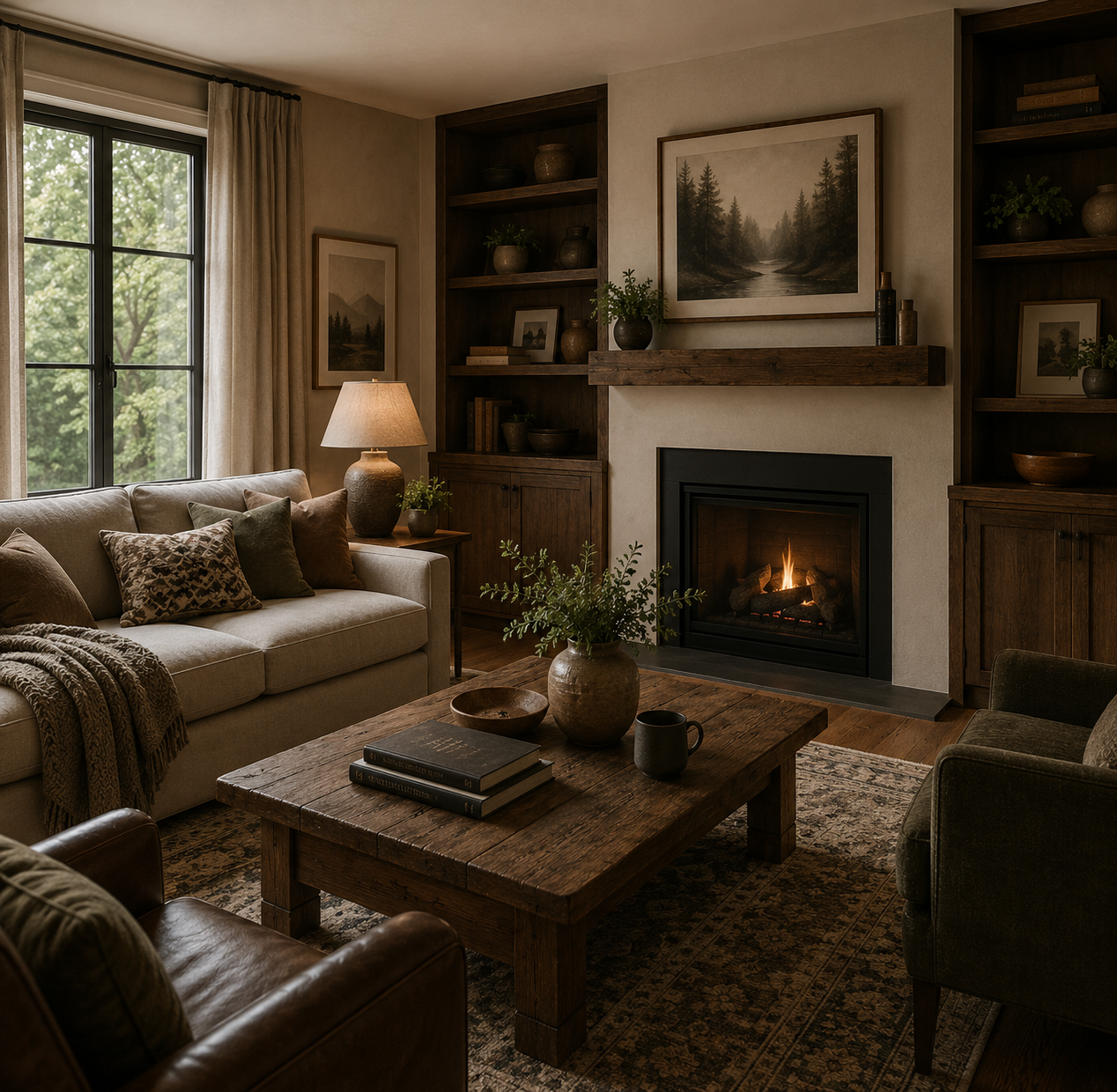 Cozy living room with a fireplace, beige sofa, wooden coffee table, dark wooden bookshelves, framed landscape art, and a window with beige curtains.