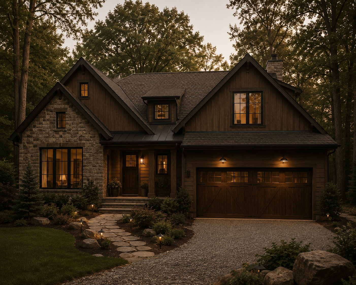 A dark wooden house with a stone facade on the left side, surrounded by lush trees. The house has multiple gabled roofs and warmly lit windows. A stone pathway leads to the front door, and outdoor lights illuminate the garden area.