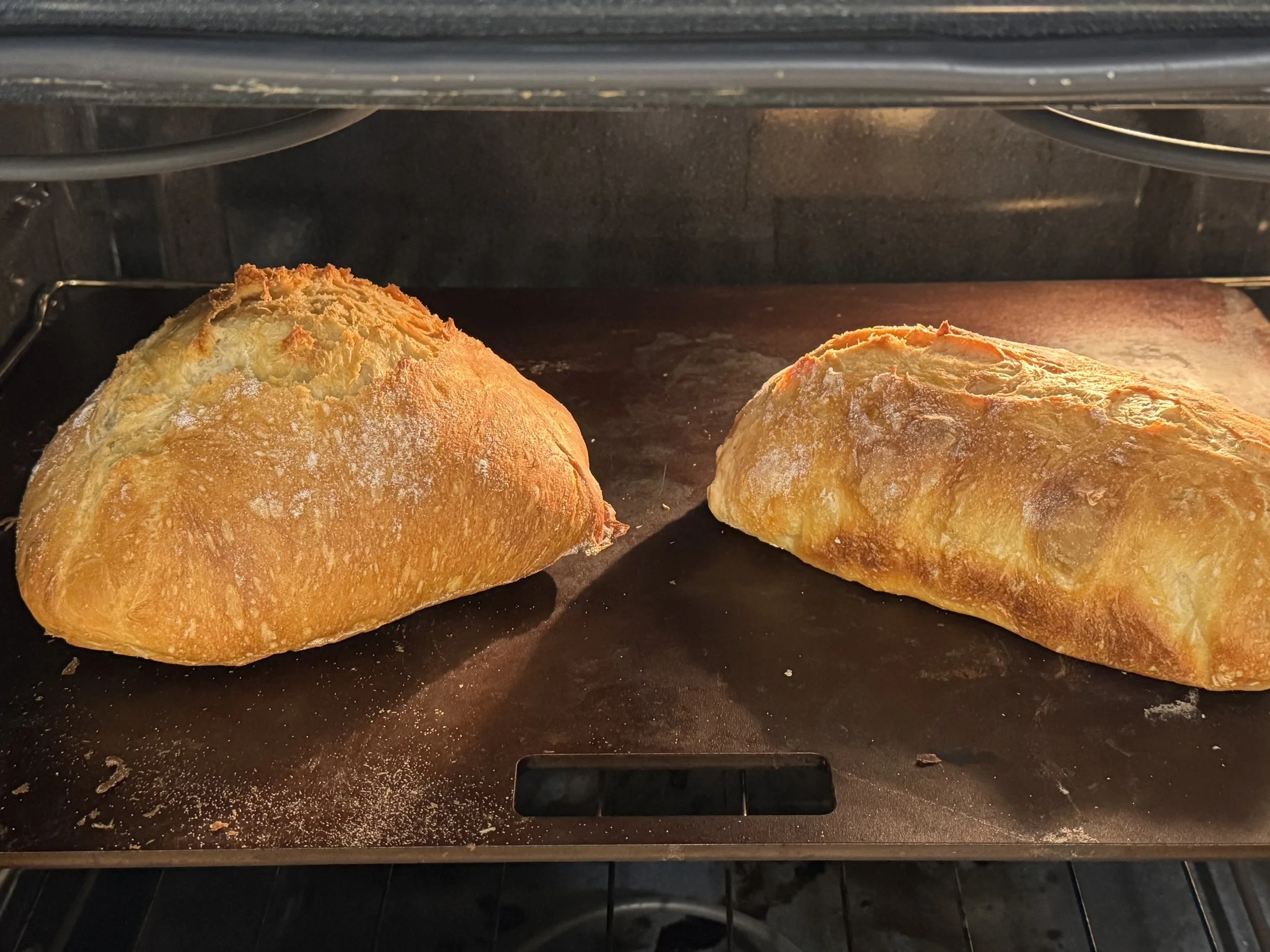 Two loaves of bread baking in an oven on a baking sheet.