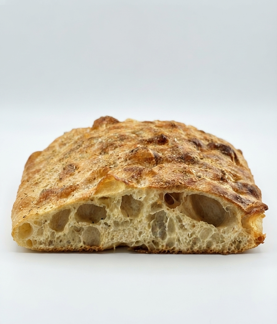 Close-up of a slice of rustic bread with a golden-brown crust and airy, bubbly interior.