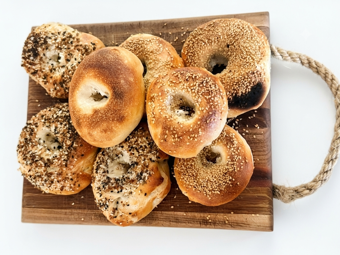 Seven bagels on a wooden cutting board, some with sesame seeds and others with a mixture of seeds, on a white background.