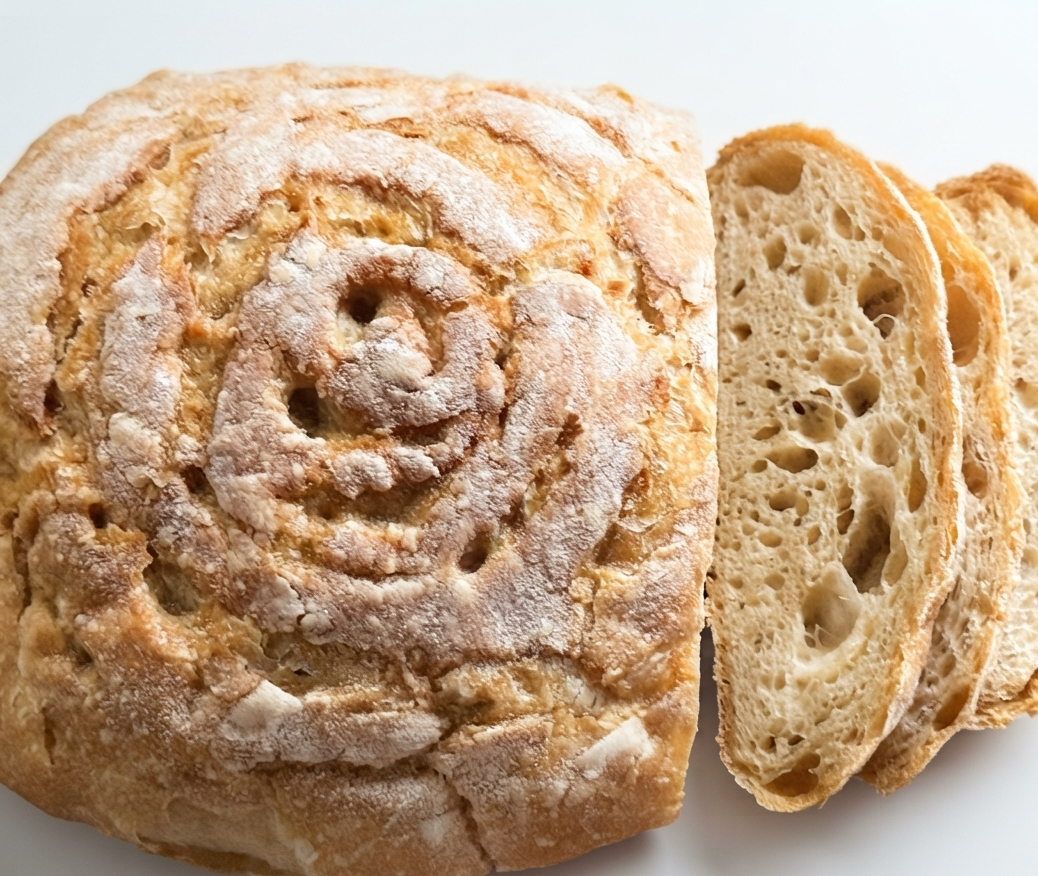 Sourdough bread with a spiral pattern on top and two slices showing its airy interior.