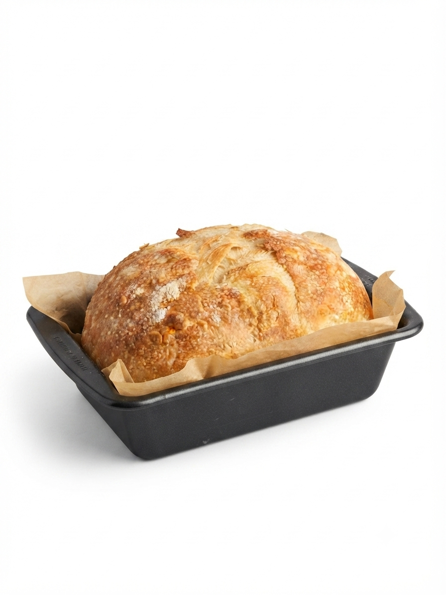 Fresh baked loaf of bread in a black baking pan with parchment paper, plain white background.