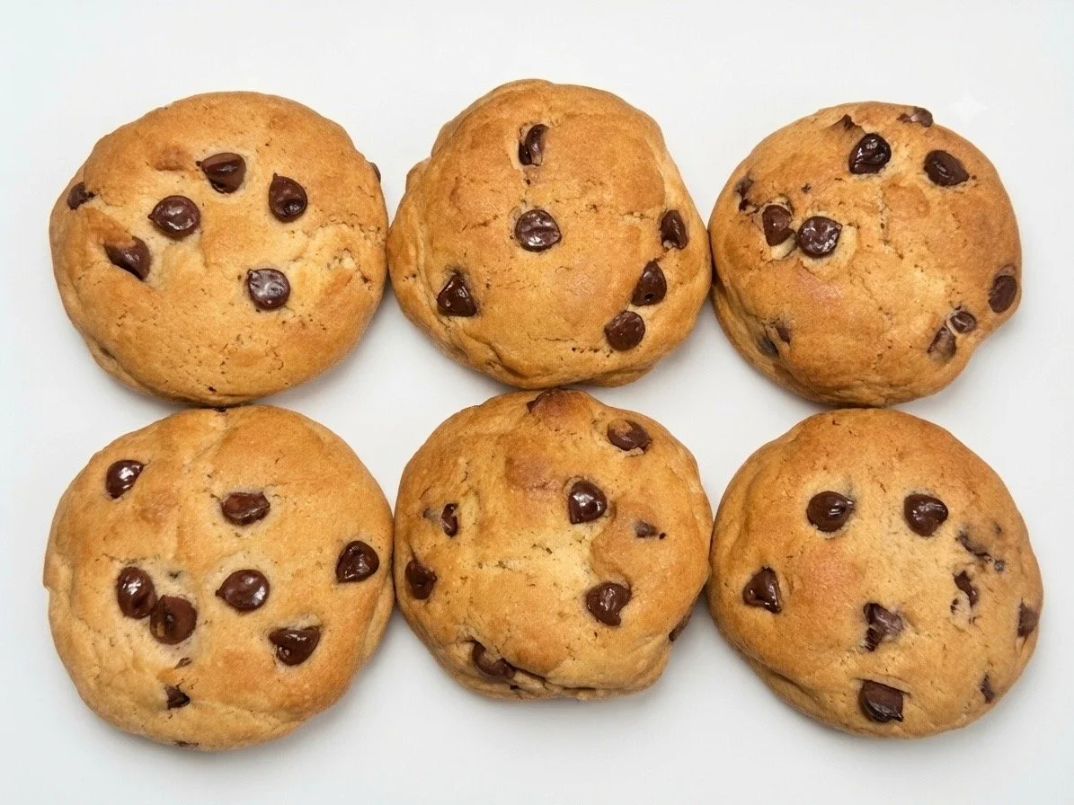 Six chocolate chip cookies on a white surface with three in the top row and three in the bottom row.