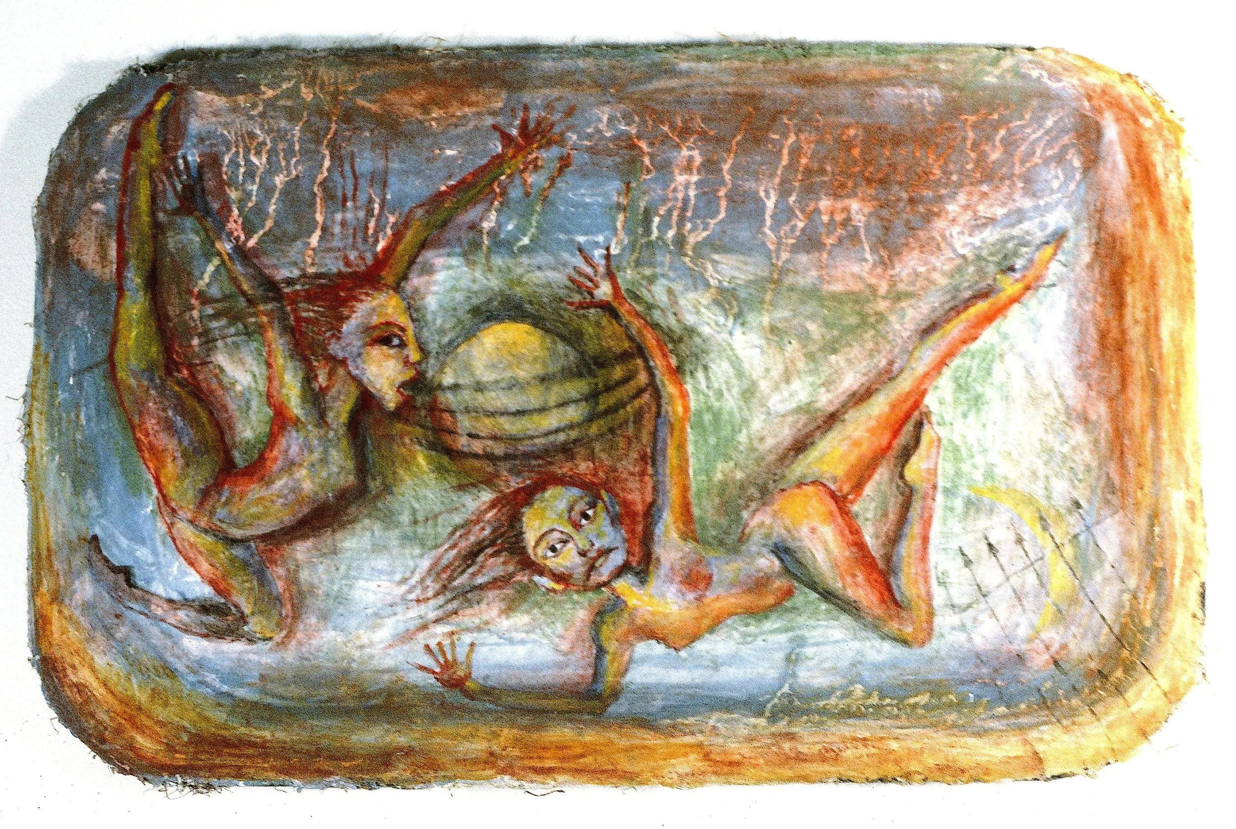  Zero Gravity &nbsp;1984, Fresco on metal tray, 14 1/2 x 9 inches