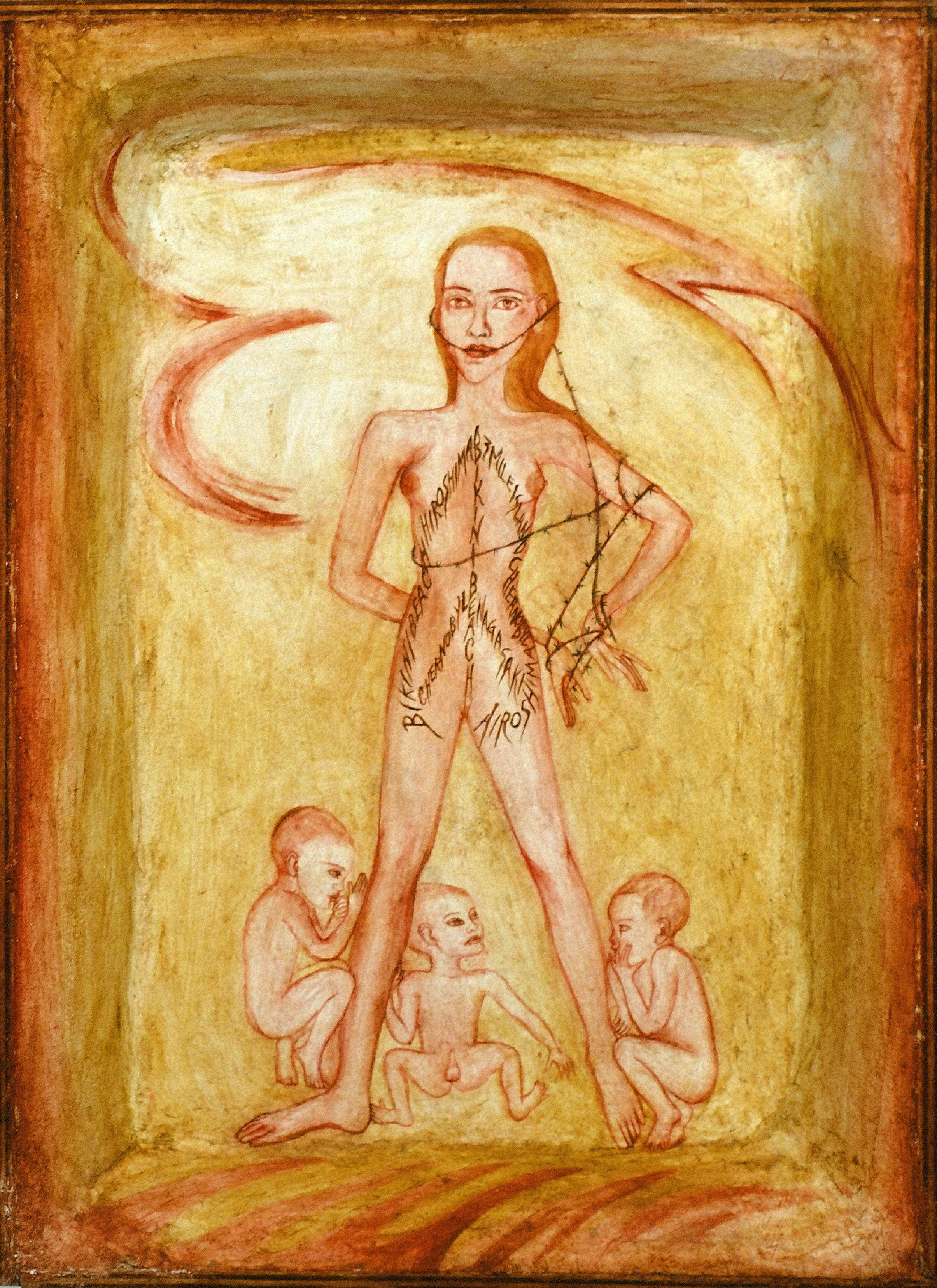  Razor Wire &nbsp;1992, Fresco on wood & steel lathe, 10 1/4 x 14 inches