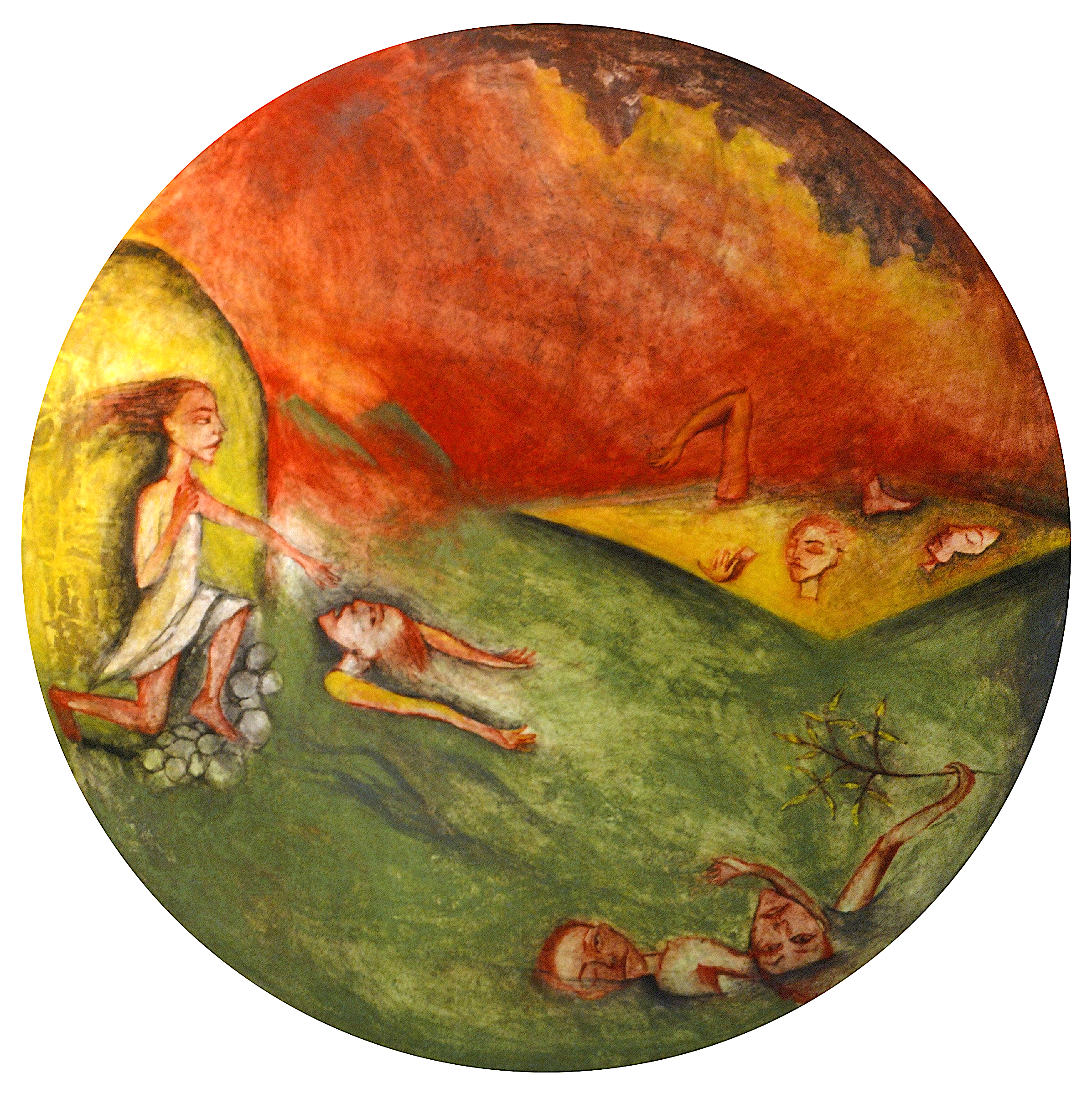 Landscape with Distant Volcanoes &nbsp;1984, Fresco onto steel, 18 inch diameter