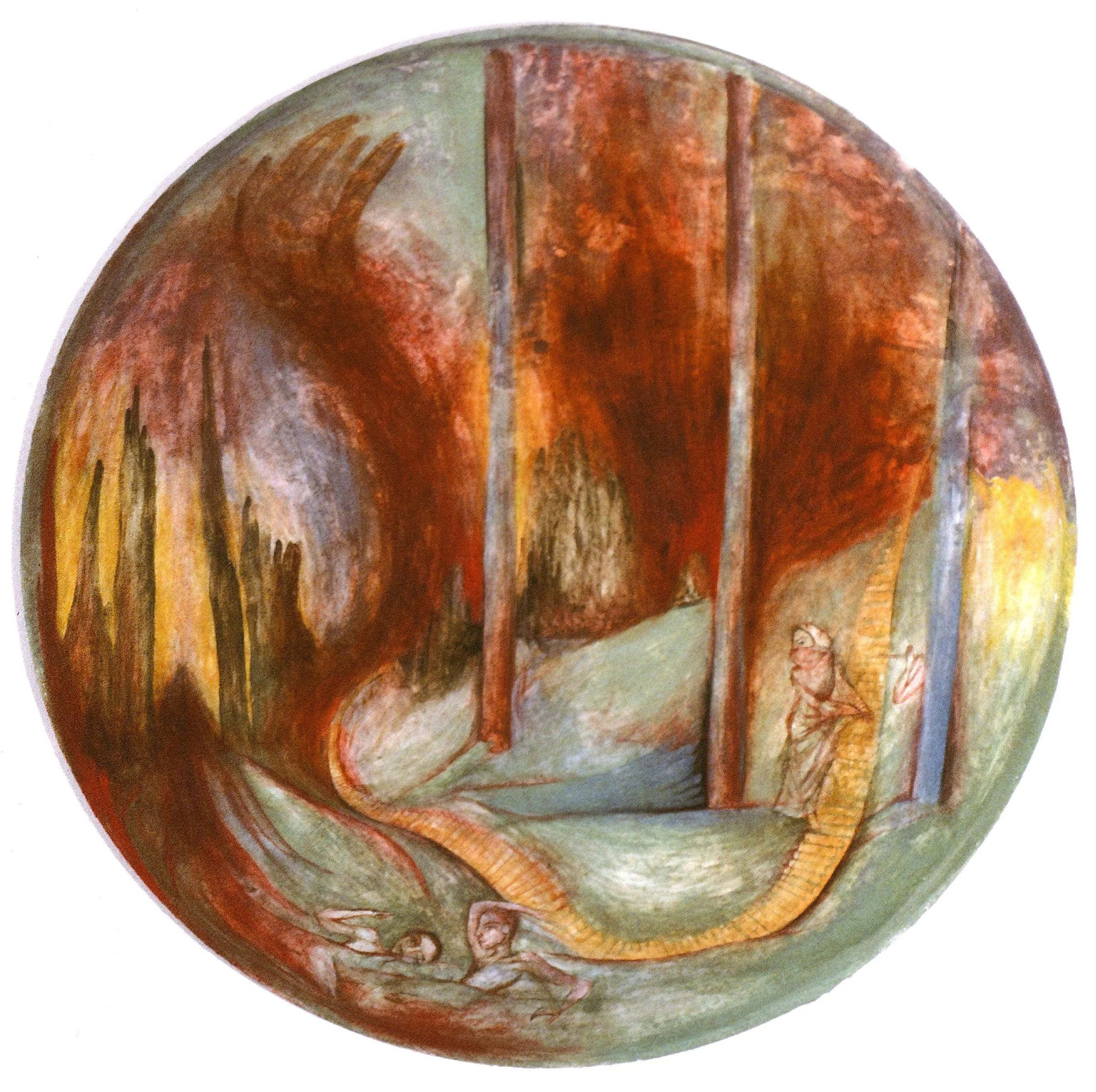  Landscape with Distant Volcanos &nbsp;1985, Fresco onto steel rondelle, 20 inch diameter