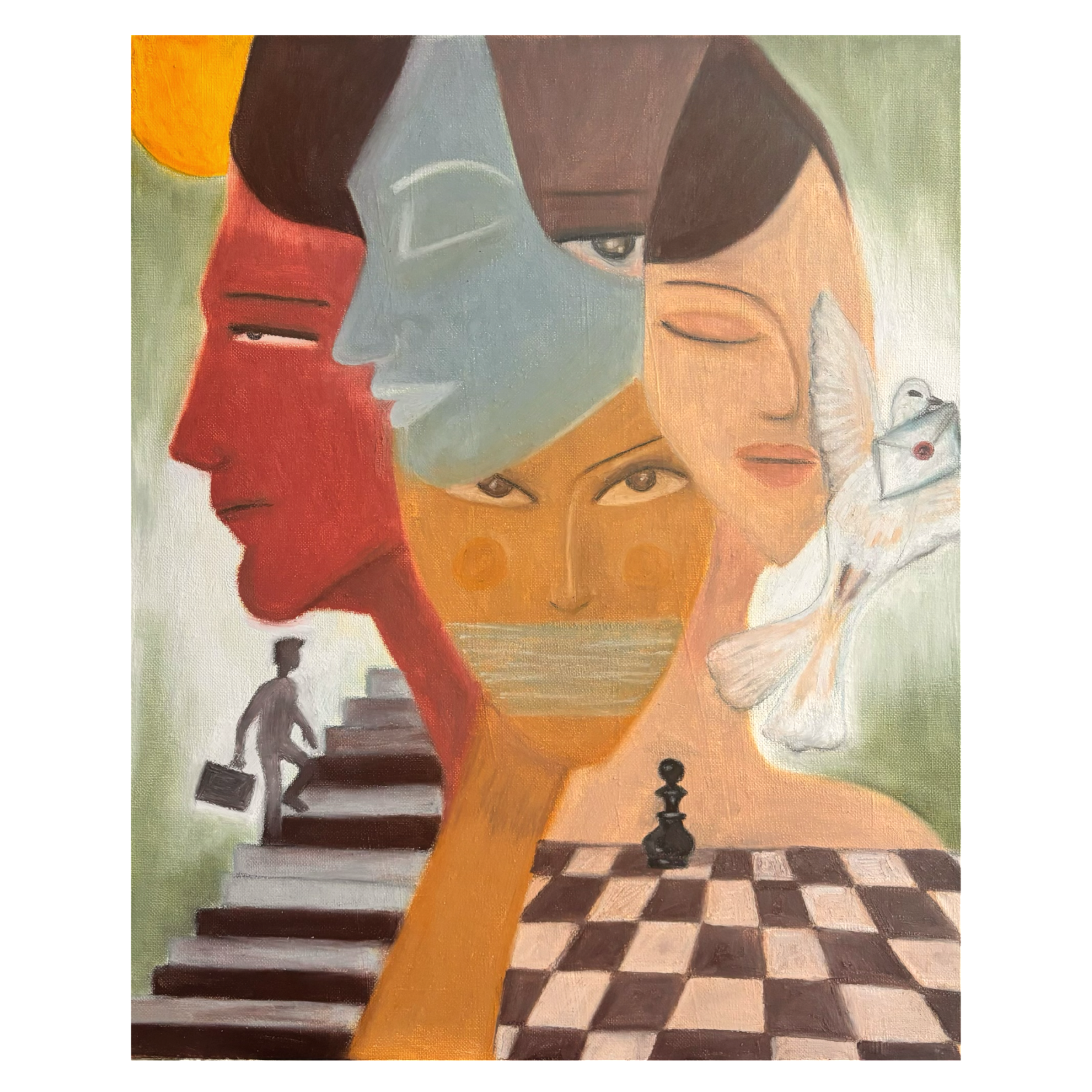 A surreal painting with layered female faces in various colors, a fish, a man climbing stairs with a briefcase, a chessboard with a king piece, and an envelope with a bird, all blending into an abstract composition.