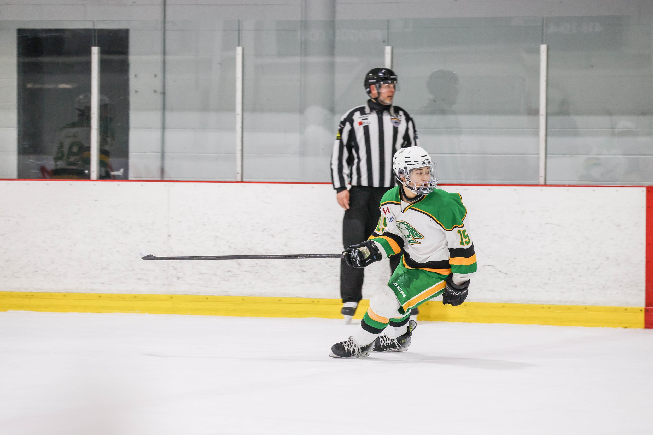 Hockey player in a green and white uniform skating on ice rink with a referee in black and white striped shirt in background.