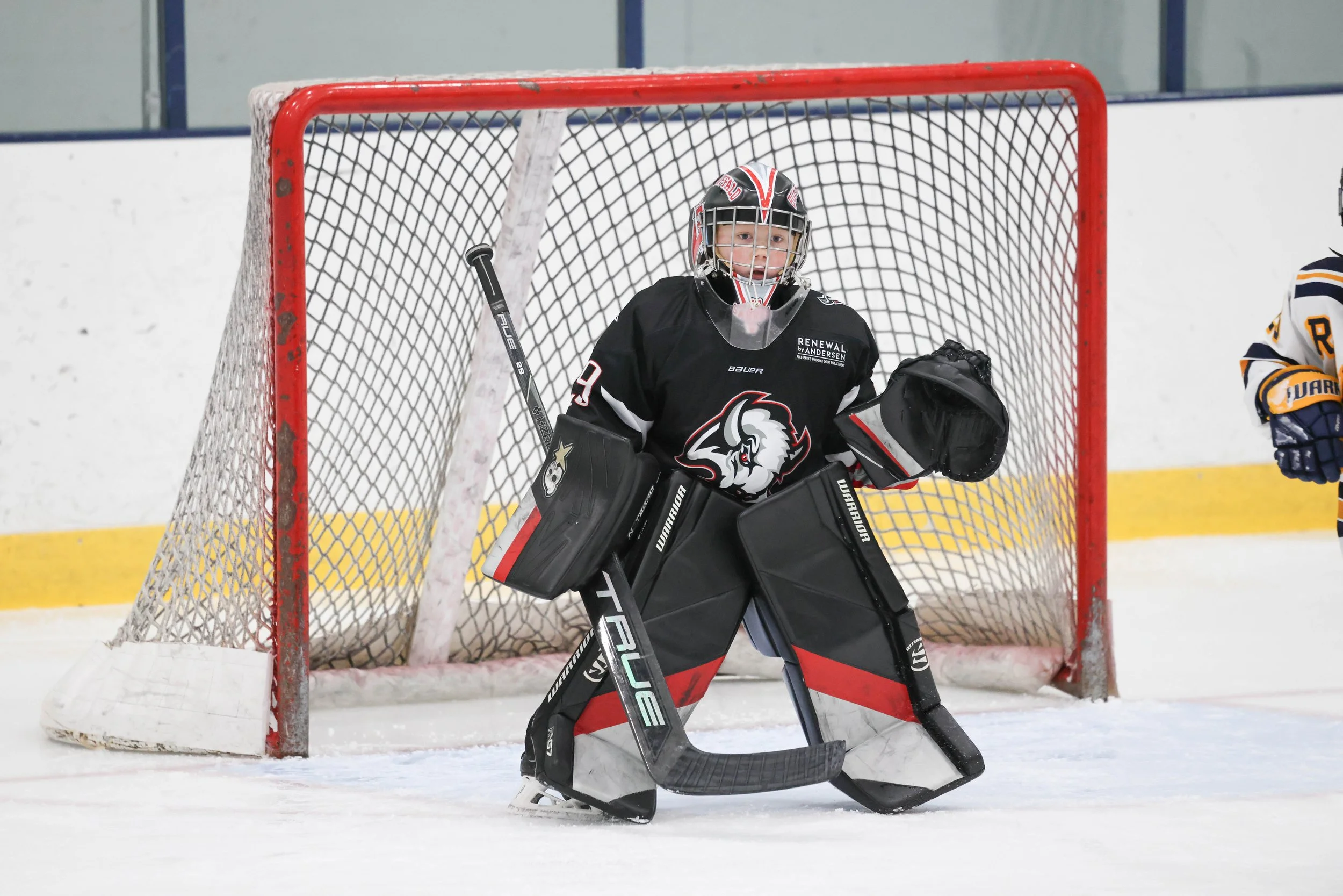 Young hockey goalie standing in front of the net during a game, wearing black and red gear.