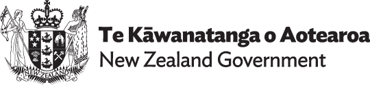 Logo of the New Zealand Government with coat of arms and text in Maori and English.