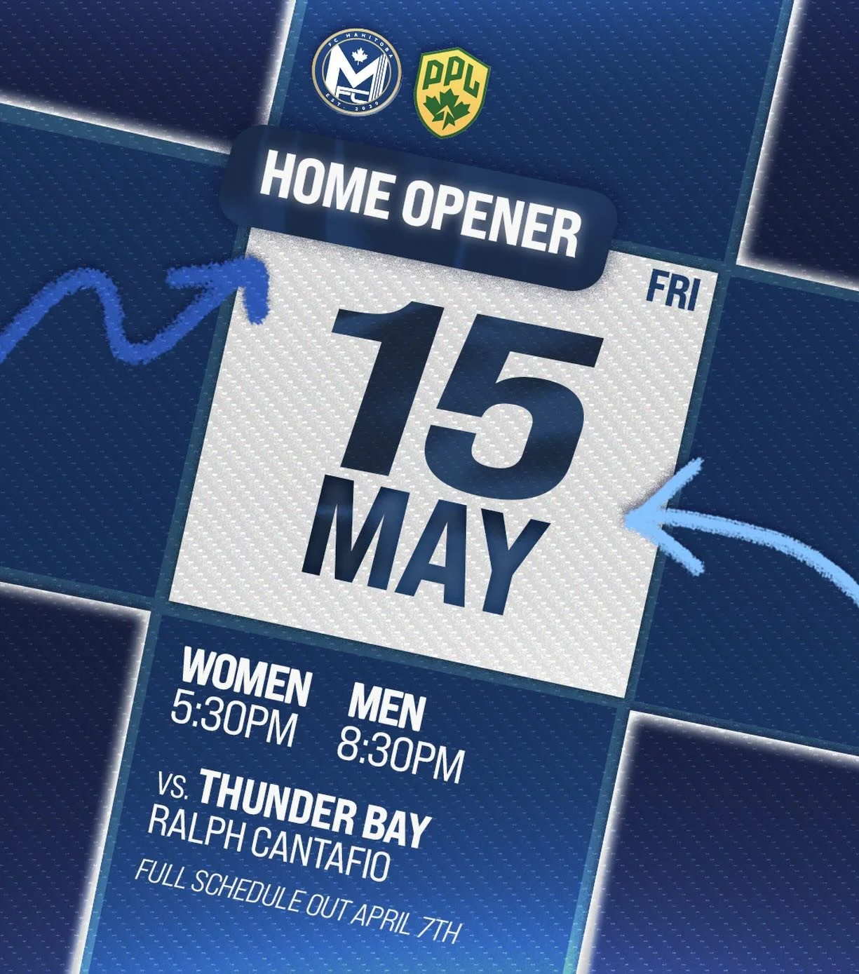 EVERYONE LOCK IN OUR HOME OPENER IS NEXT MONTH!

join us on Friday, May 15th at the legendary Ralph Cantafio soccer complex for our double header vs. Thunder Bay ❄️ 

season tickets + full schedule avaliable next week.
#FCMB