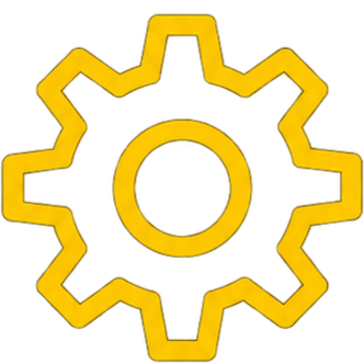 Yellow gear icon with a circular center and jagged outer edge.