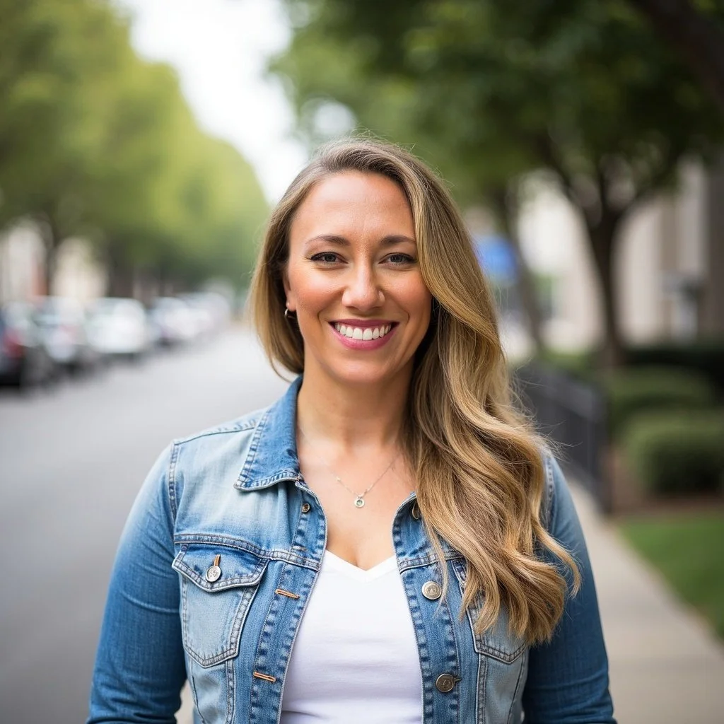 A smiling woman with long wavy hair wearing a blue denim jacket and white shirt standing outdoors on a city sidewalk with trees and parked cars in the background.