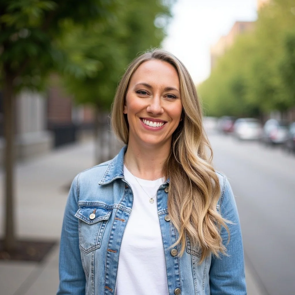 A smiling woman with long blonde hair wearing a denim jacket and white t-shirt on a city street with trees and parked cars.