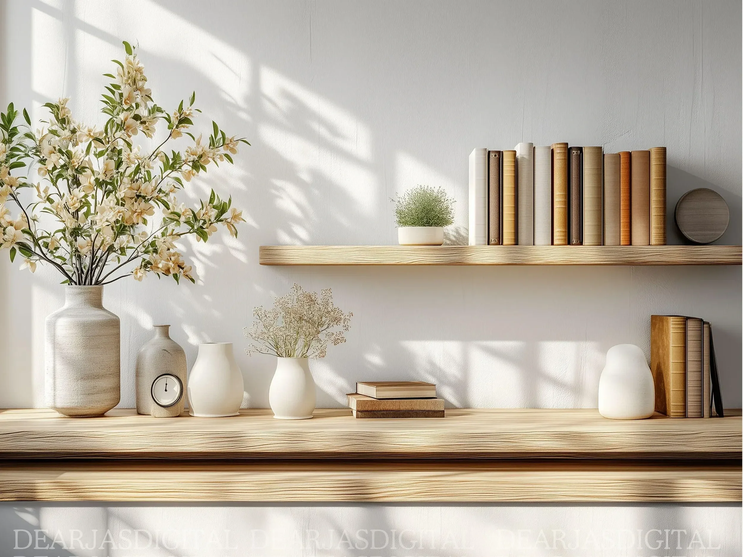 A wooden shelf with decorative vases, books, and small plants, with sunlight casting shadows on the white wall.