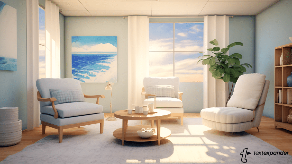 Living room with light blue walls, three white armchairs, a round wooden coffee table, a large window with white curtains, a potted plant, a bookshelf, and wall art depicting an ocean scene during sunset.