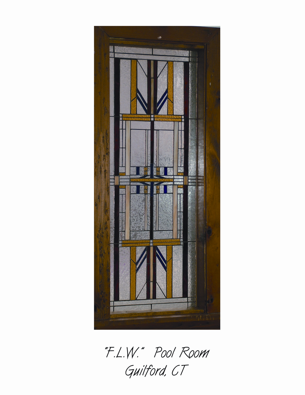 Stained glass window in a wood frame, featuring geometric patterns with yellow, blue, black, and clear textured glass. Caption reads: "F.L.W." Pool Room Guilford, CT.
