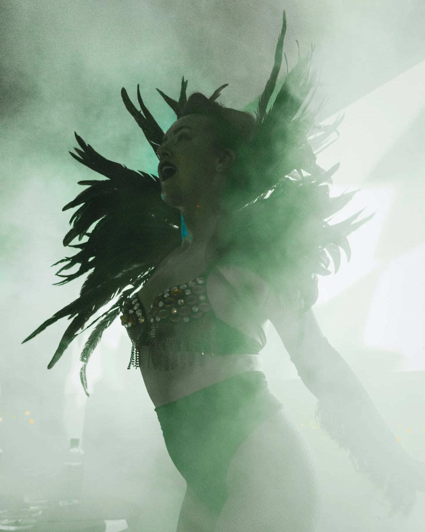 Performer with feathered costume singing on stage amid green fog.