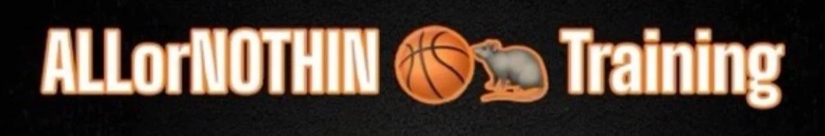 Text that says 'All or Nothing Training' with basketball and rat icons in between the words.