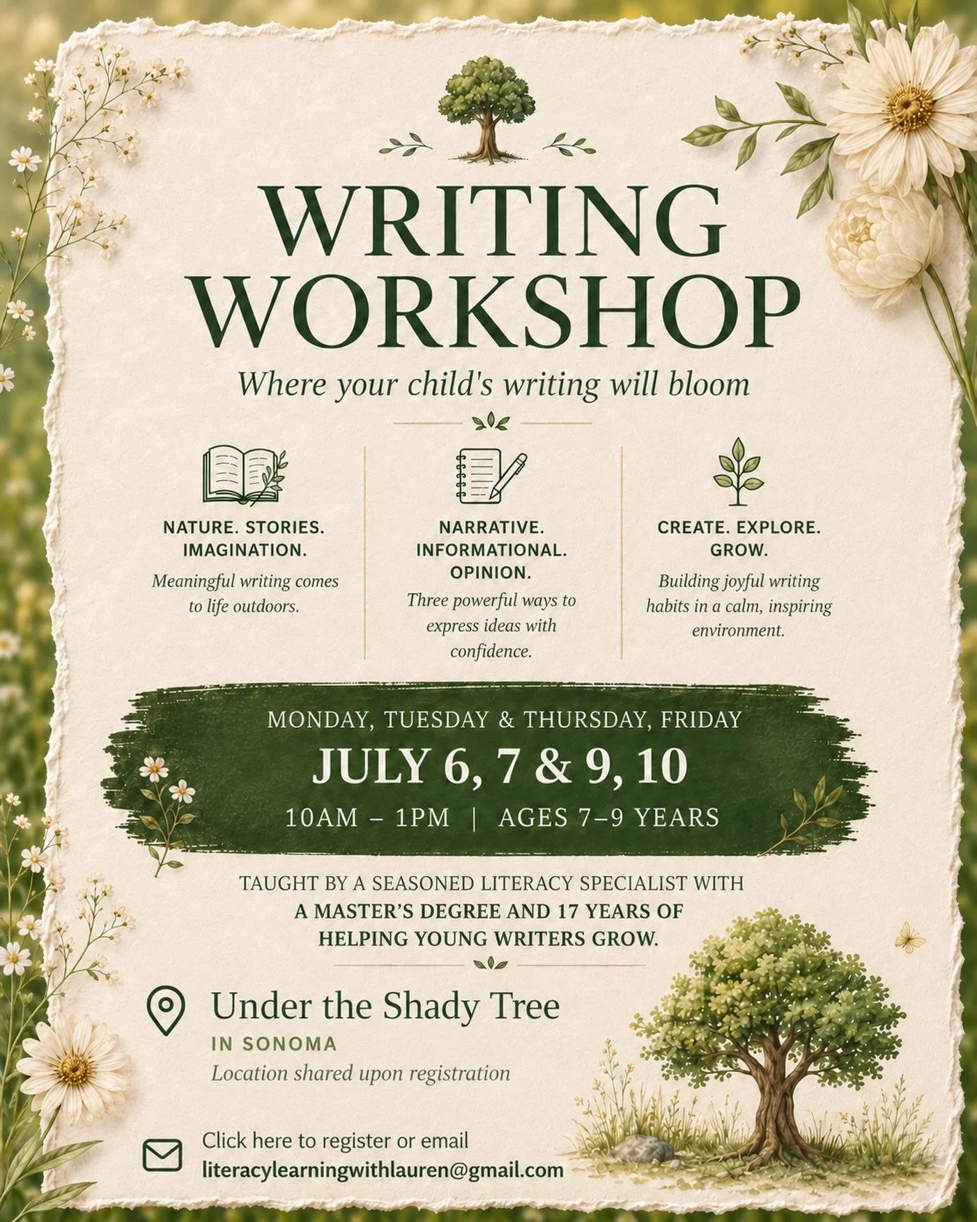 Calling all young storytellers, notebook doodlers, nature collectors, and kids with big ideas. 💡 

This summer, we&rsquo;re taking writing outside. 🌳 

Under the Shady Tree is a small-group writing workshop in Sonoma for ages 7 to 9. We&rsquo;ll us