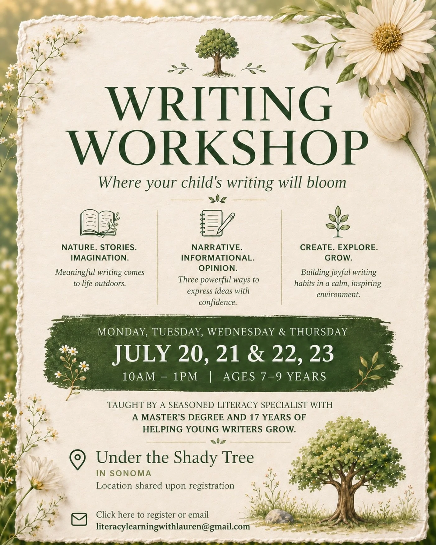 For the kid who says, &ldquo;I don&rsquo;t know what to write,&rdquo; and then tells you a 25-minute story in the car. 🚗 

This workshop is for them. ✍️ 

Under the Shady Tree is a small outdoor writing workshop in Sonoma where kids ages 7 to 9 can 