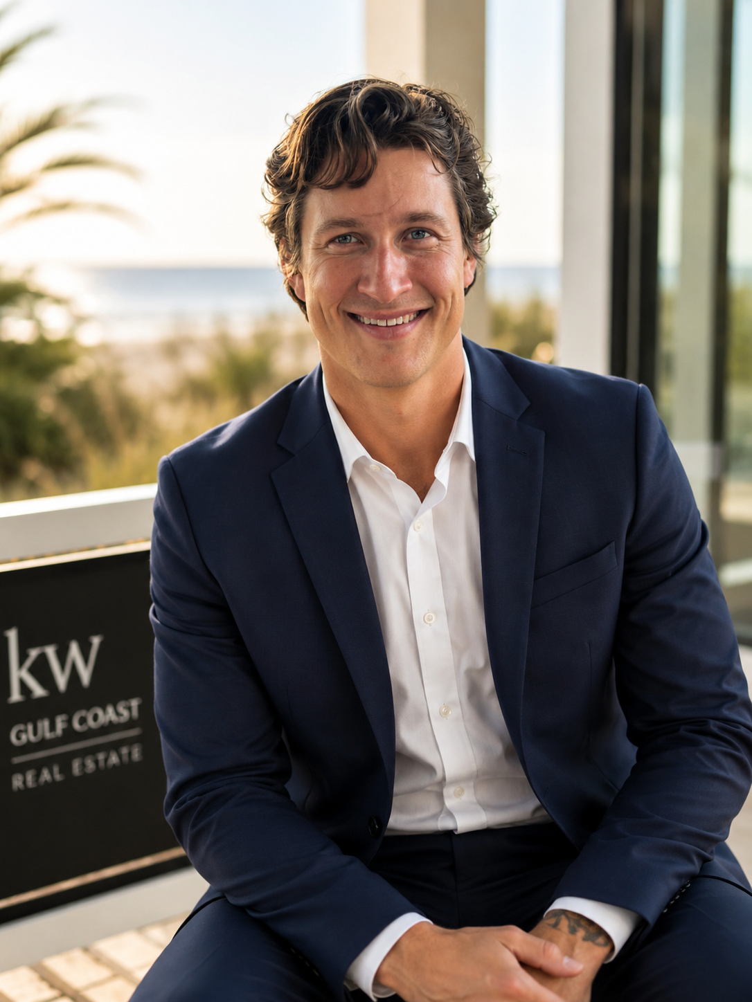 A smiling man in a navy suit and white shirt sitting outside near a building with the ocean and palm trees in the background.