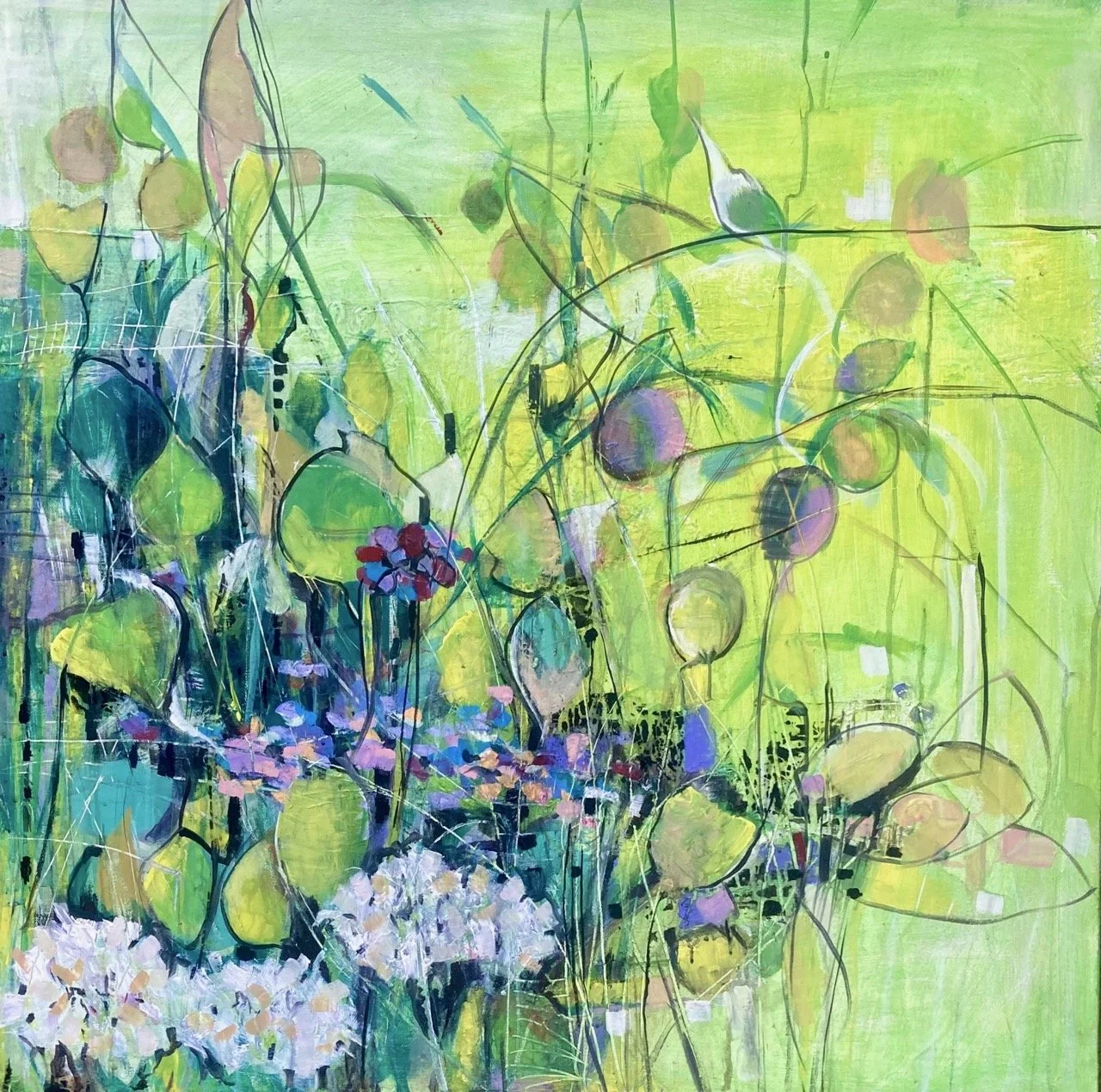 Hortensia 100x100 acryl op doek (verkocht)