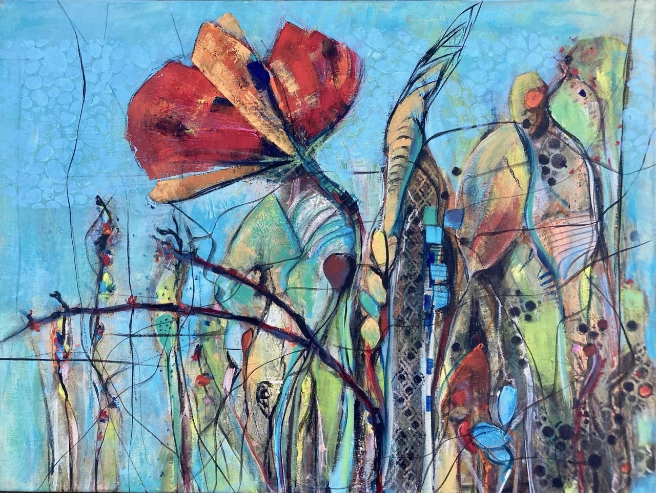 Rode bloem 70x50 acryl op doek (uitgeleend)