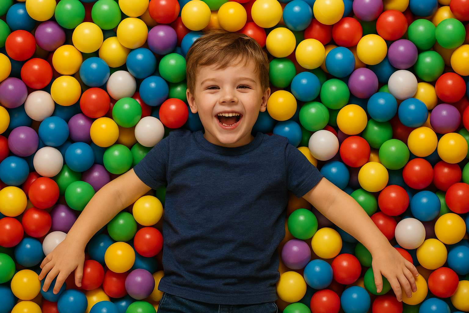 A young boy lying on a colorful ball pit with a big smile.