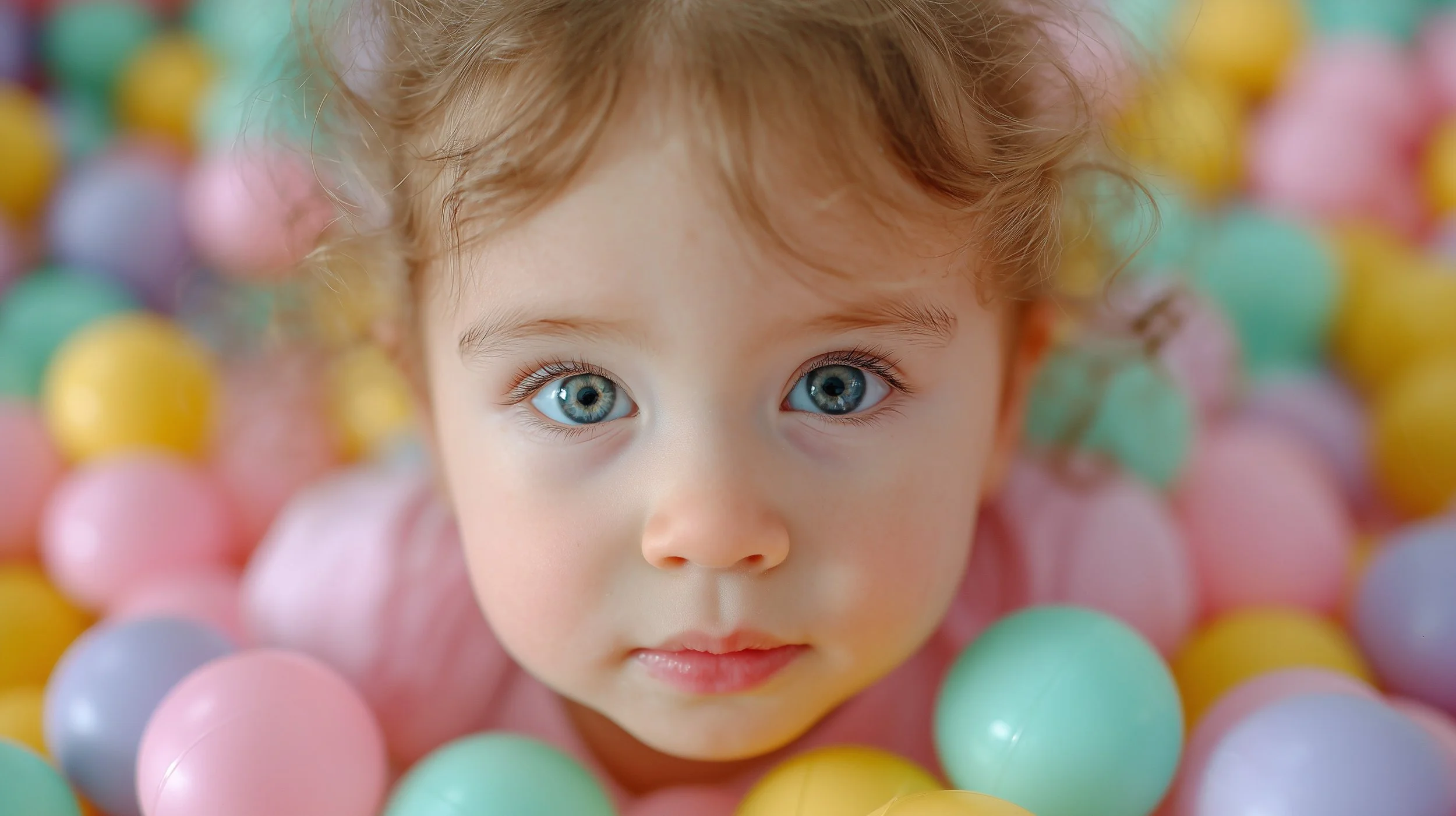 Top view of a girl looking at a camera sitting at a ball pit
