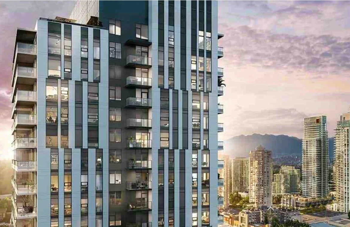 High-rise exterior cladding project in Metro Vancouver with glass balconies and panel systems installed by L2 Group