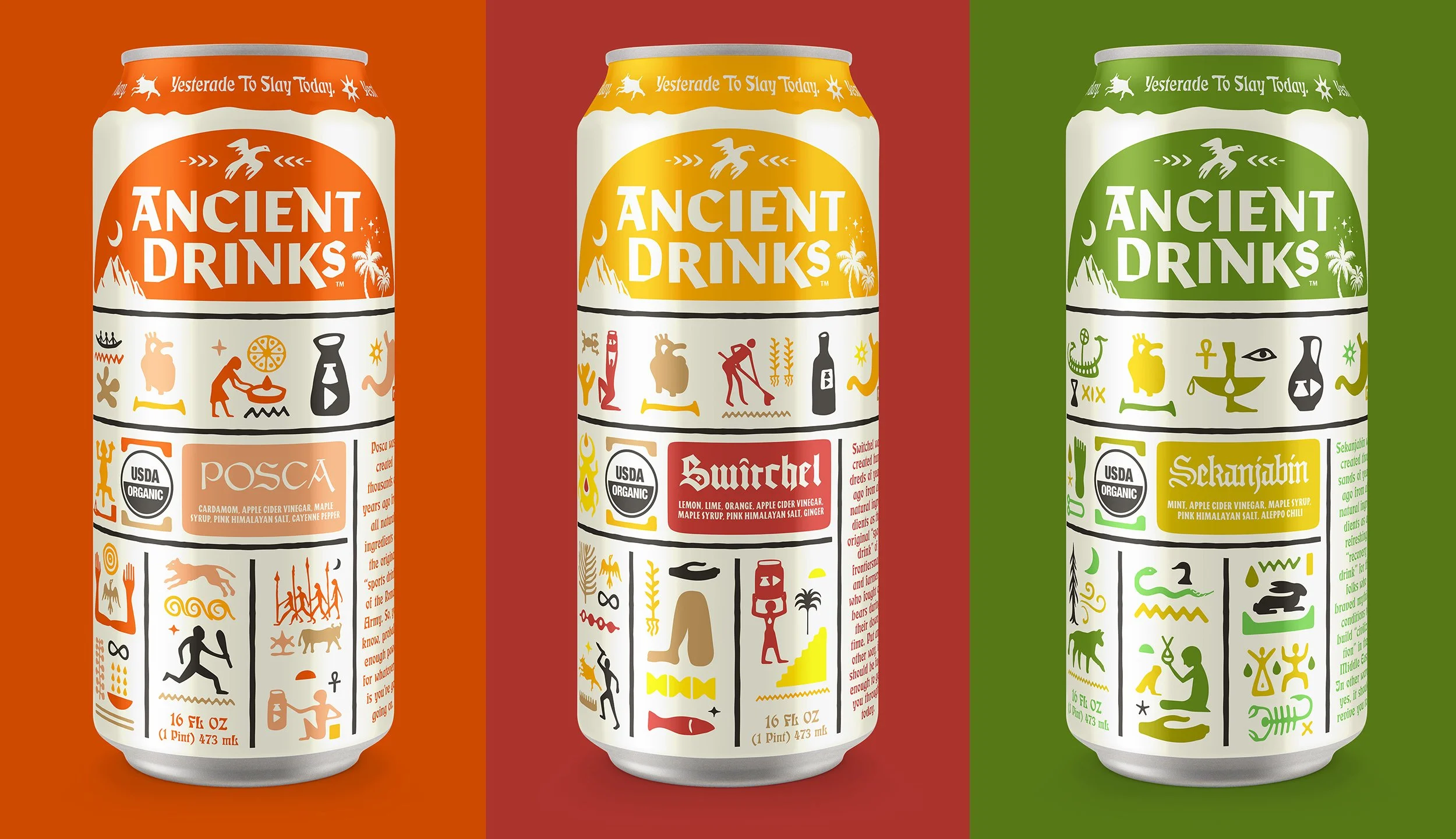 Three cans of Ancient Drinks soda with labels in orange, yellow, and green backgrounds, featuring ancient symbols and icons.