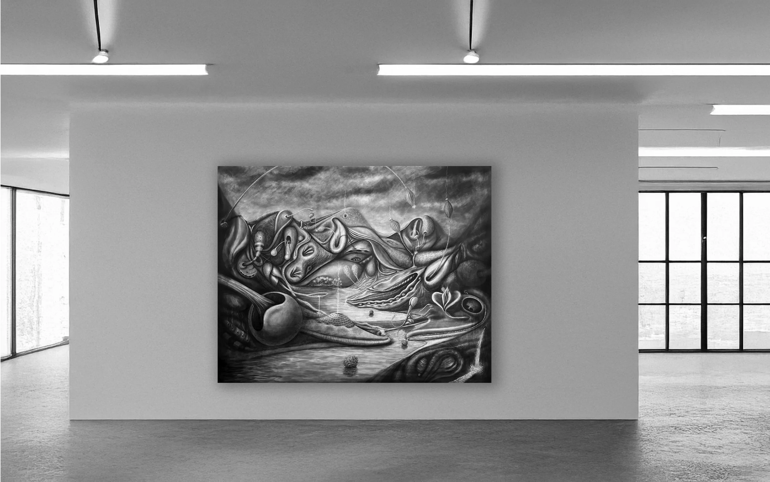 Black and white painting of abstract organic shapes, a large eye, and a landscape with trees and water, displayed in an art gallery with large windows.