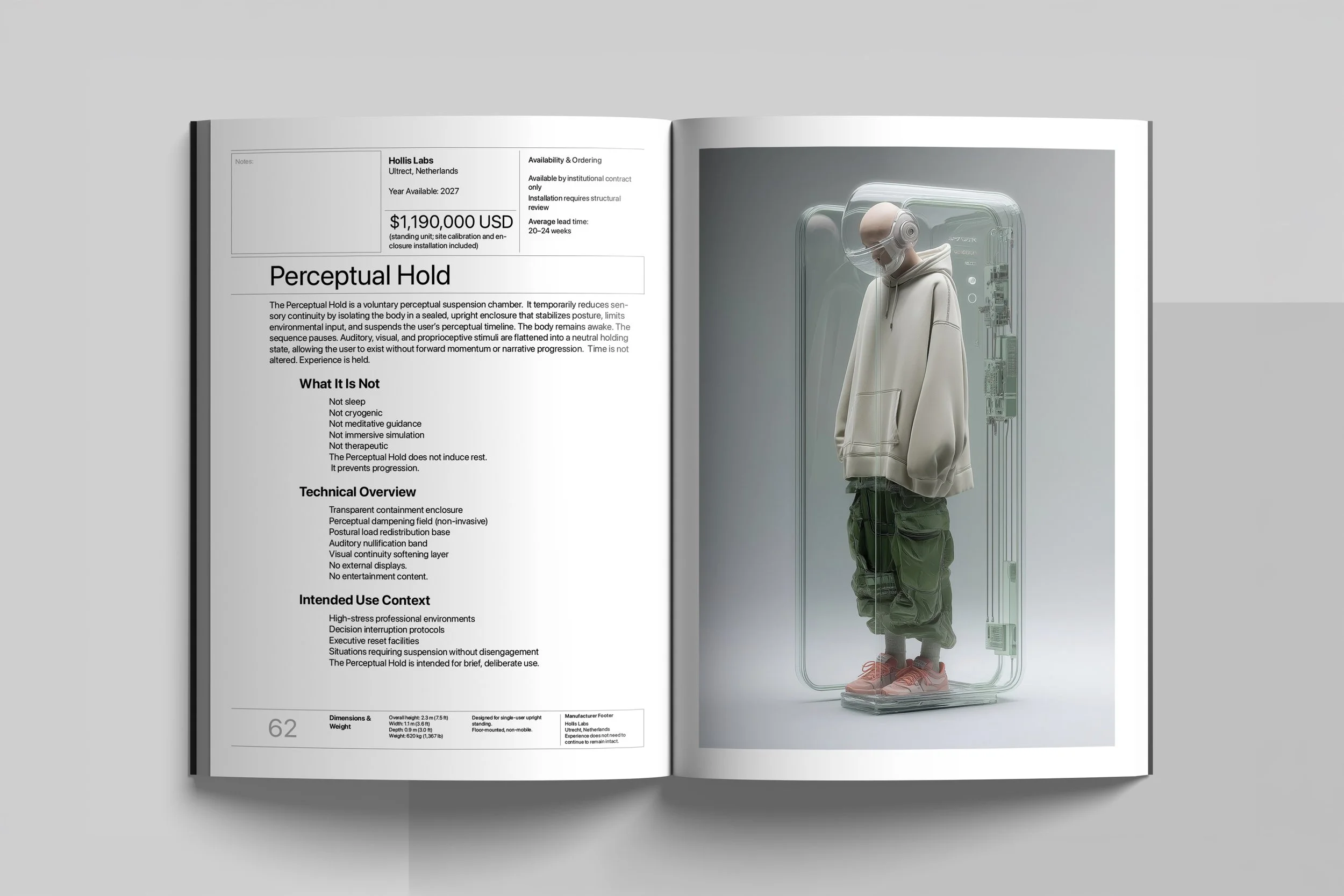 Open magazine showing a page with text about the Perceptual Hold, and an adjacent page with a 3D-rendered illustration of a person standing inside a futuristic transparent chamber with a helmet, wearing urban clothing and sneakers.