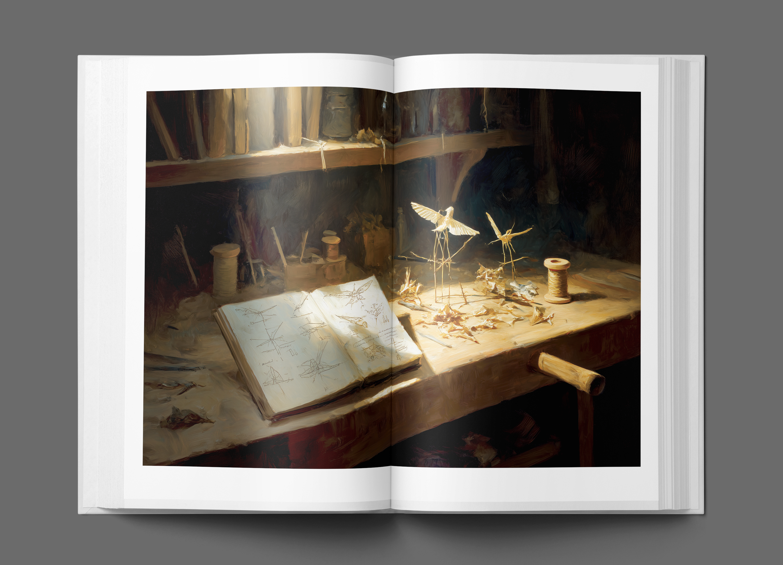 An open art book displaying a painting of a still life scene with branches, scissors, spools of thread, and a bird sculpture, illuminated by a warm light.